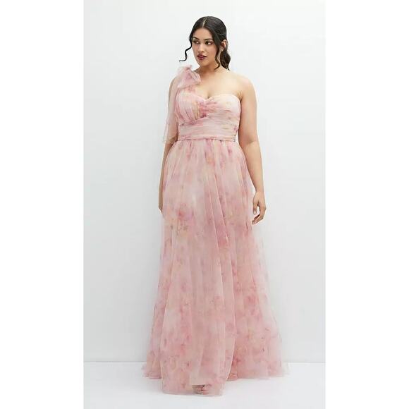Dessy Collection NWT Tulle One Shoulder Scarf Maxi Dress Size 18 R Pink Wedding - Picture 1 of 9
